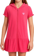 Pink Platinum Girls Swim Cover-Up - Soft Cotton Hooded Ruffled Bathrobe Dress in Terry Cloth