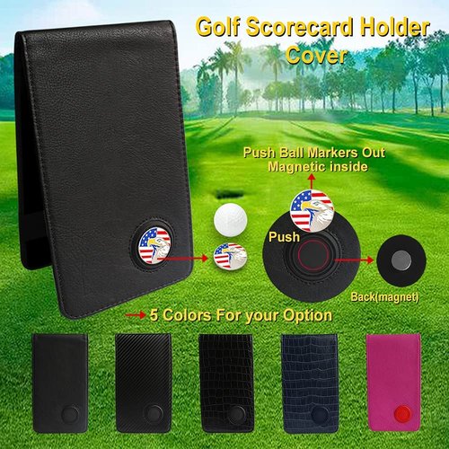 PINMEI Golf Leather Scorecard Holder Cover Yardage Book Cover with American Flag Golf Ball Marker and A Free Pencil 4.33 × 7.48 inches