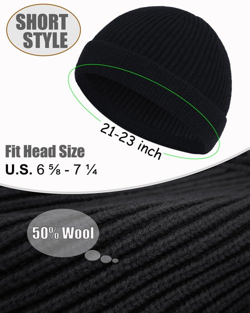ROYBENS Short Fisherman Beanie for Men Women, Wool Warm Winter Hat, Swag Knit Cuff Soft Trawler Beanies Watch Cap Skull Caps, Black