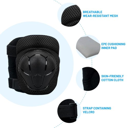 GEQID Kids Knee Pads Elbow Pads Wrist Guards Set ,Protective Gear for 4-6-12 Boys Girls Roller Skating Scooter Skateboarding Bike (Black, Free Size (4-12 Years or 40-80lbs))