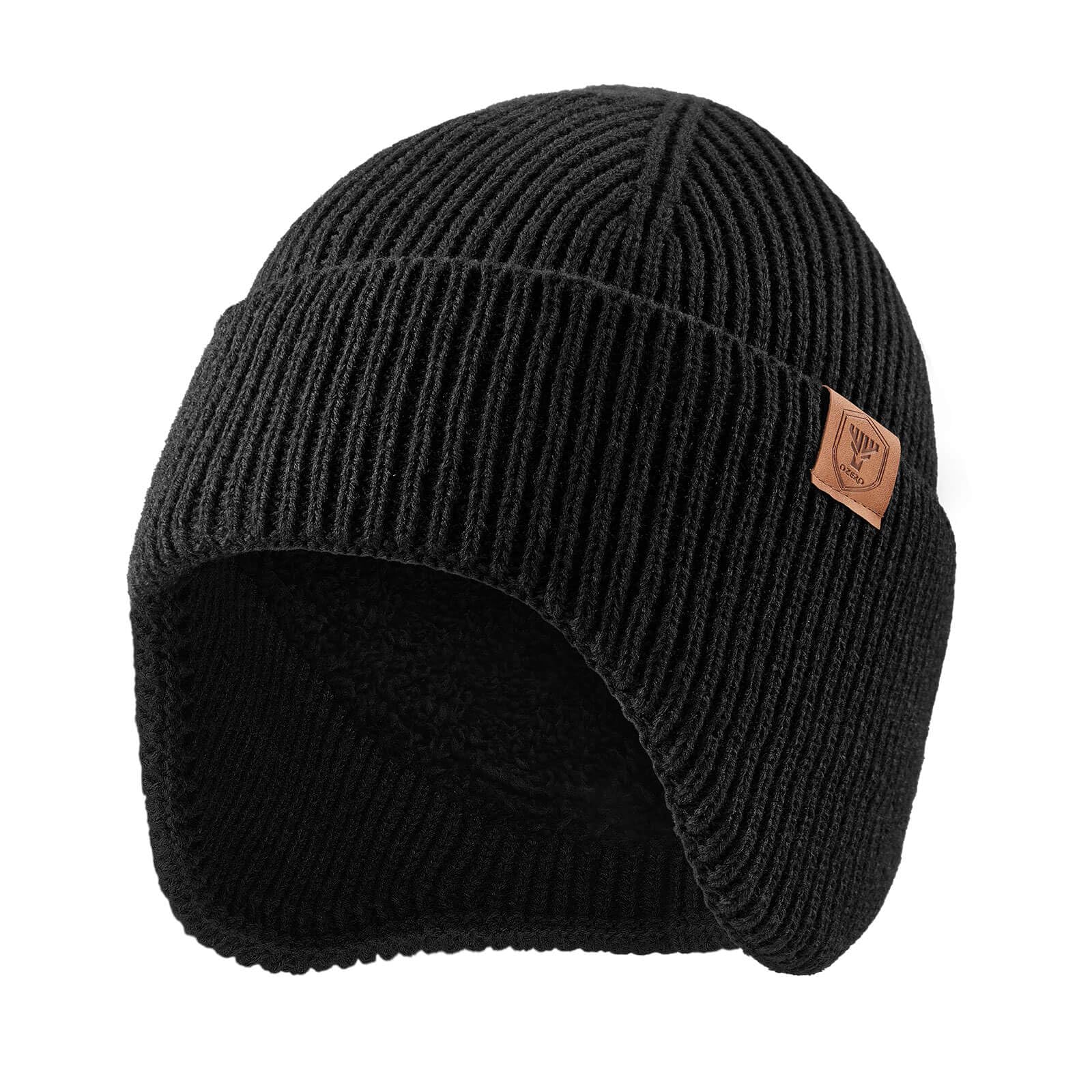OZERO Winter Beanies Hats Men: Beanie with Ear Flaps Outdoor Thermal Knitted Hat - Soft Warm Knit Ski Stocking Polar Fleece Cuffed Cap for Men Women, Black