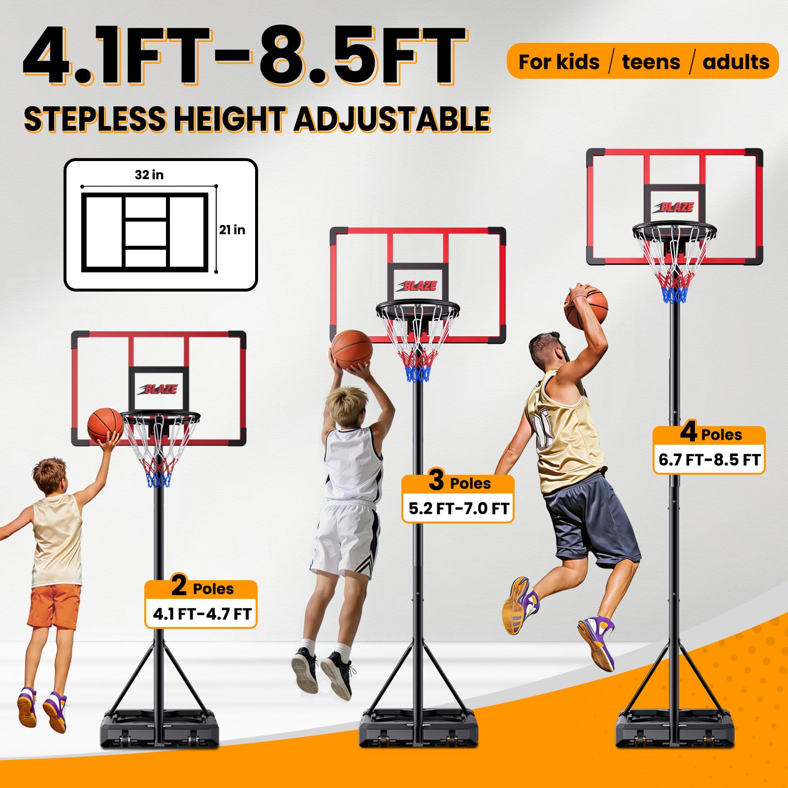 Portable Basketball Hoop for Kids & Teens, 4.1–8.5FT Adjustable Height, 32'' Shatterproof Backboard, Fillable Base with Weight Bag, Outdoor Goal for Backyard & Driveway(Black)