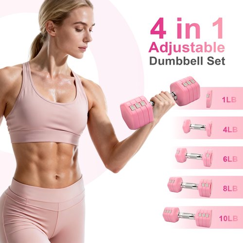 Axiqunel 20LBS Adjustable Dumbbells Set, 4 in 1 Free Weights Dumbbells Set, 4lb 6lb 8lb 10lb with Metal Non Slip Handle, Quick Change Women/Men Dumbbell Set for Home Gym Exercise Training(Pink)