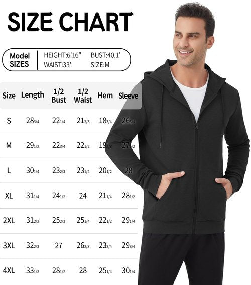 Idtswch Mens Tall Lightweight Hoodies Zip Up Sweatshirt Slim Fit Jacket Black