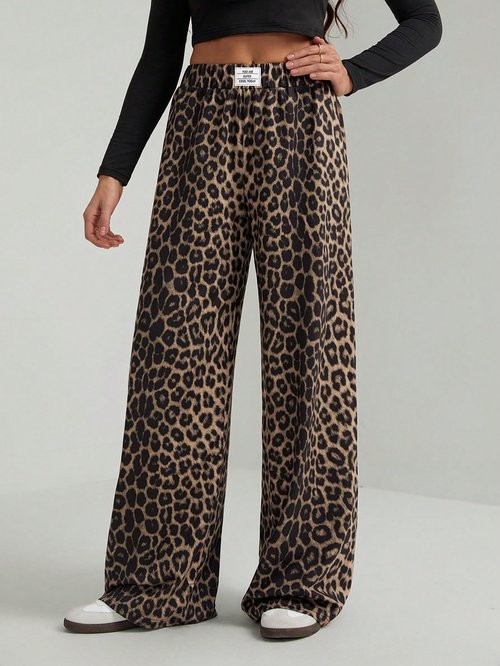 GORGLITTER Women's Leopard Pants Cheetah Print Wide Leg Elastic High Waisted Baggy Sweatpants Brown X-Large