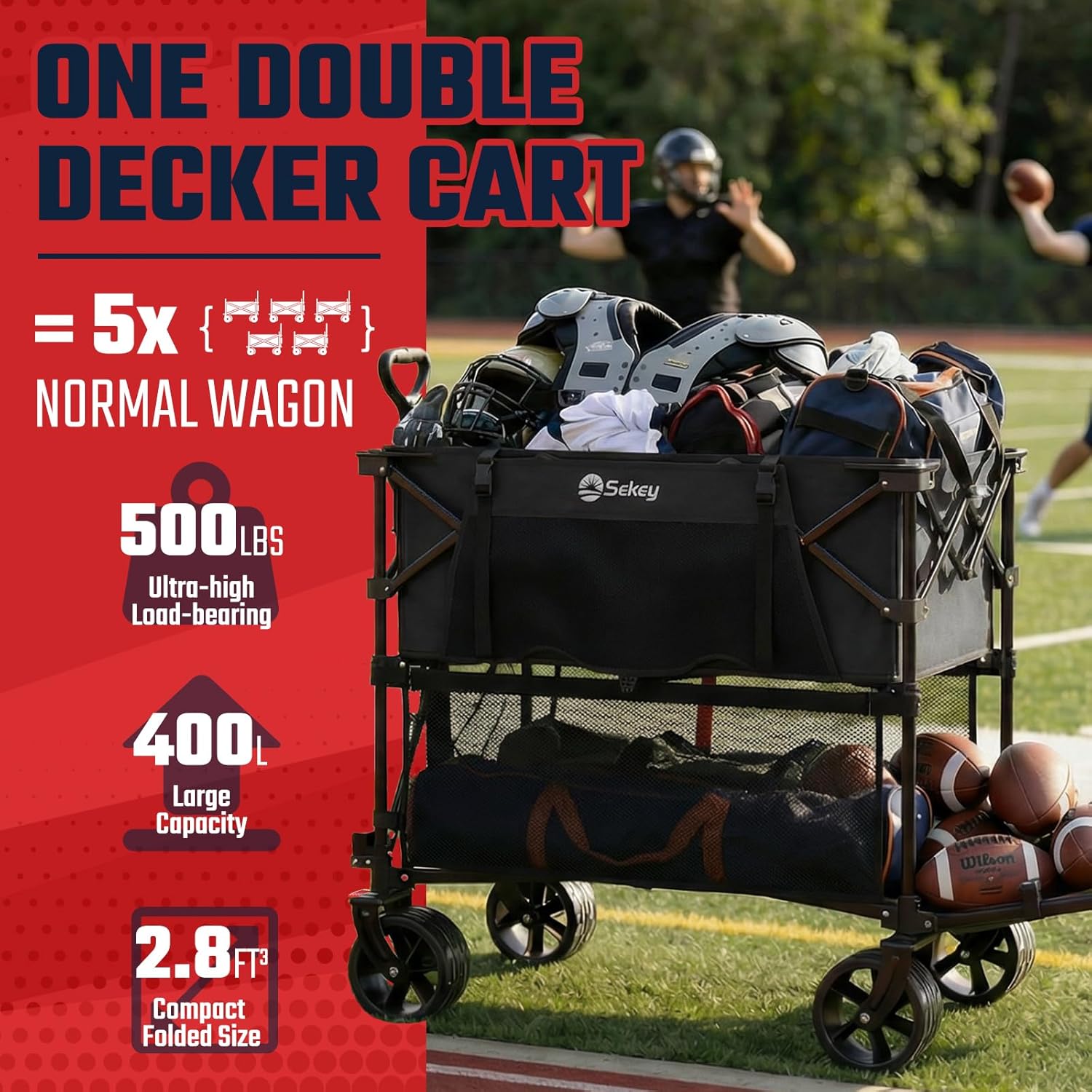 Sekey Heavy Duty Double Decker Wagon - 500Lbs Capacity Collapsible Garden Cart with All-Terrain Wheels | Fits 10x10 Canopy