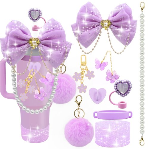 LBU Bling Stanley Cup Accessories for 40/30/20 oz Tumbler with Handle Including Glitter Bow Straw Topper, Heart Straw Cover, Pearl Water Bottle Handle Strap, Boot, Pom-Pom, Keychain Charms(Purple)