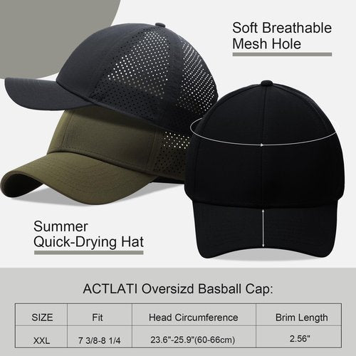 Oversize XXL Quick Dry Baseball Caps for Men, Mesh Snapback Hat for Big Head 23.6"-25.9", Unisex Outdoor Sport Hat