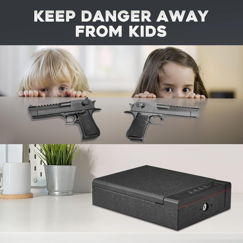 Domenow Biometric Fingerprint Gun Safe, Three Ways Quick Access Gun Lock Box for Pistols with Keys, Key Pad, USB-C Port and LED Light, Bedside Gun Safe for Home, Nightstand and Desk