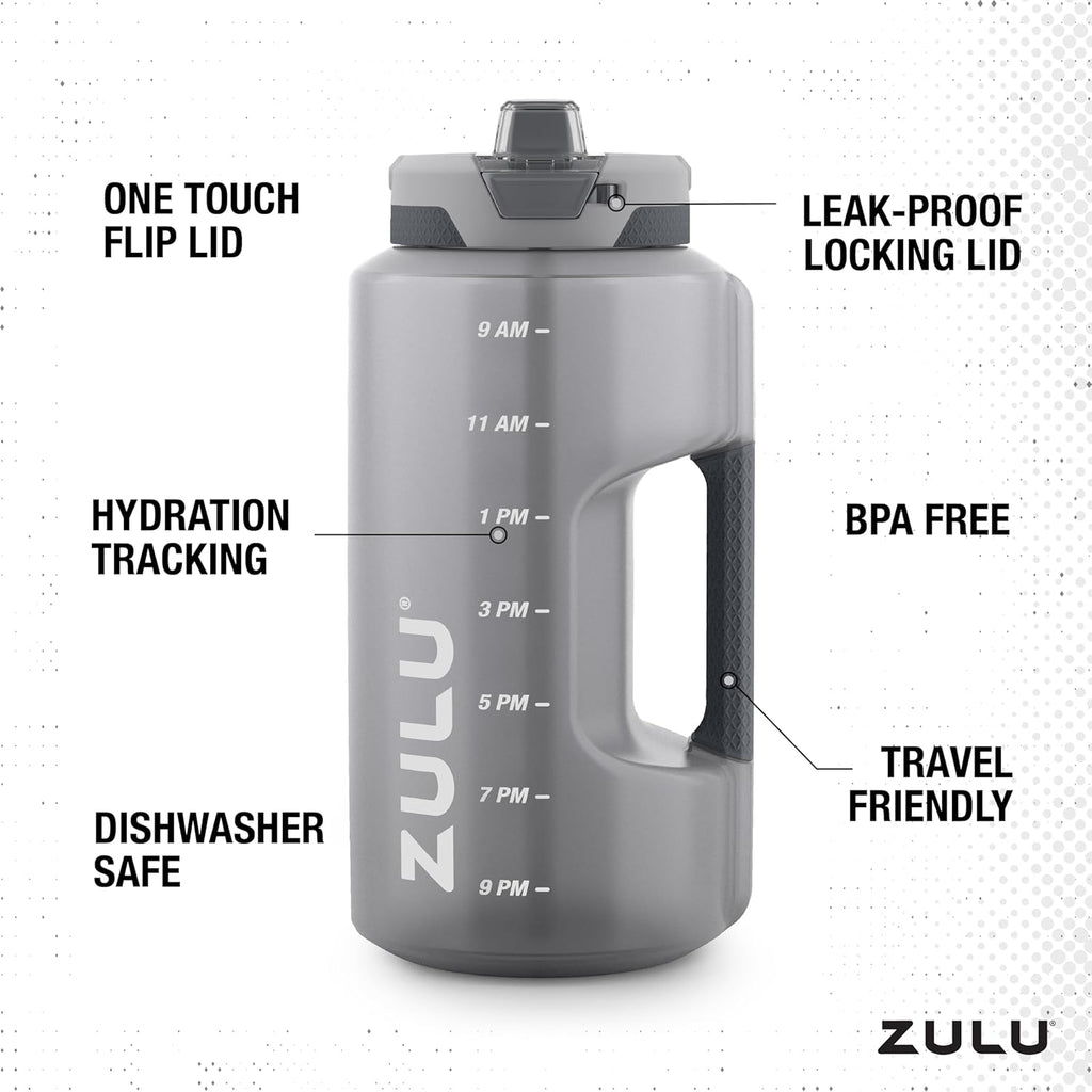 ZULU Goals 128oz Half Gallon Water Bottle - Leak Proof, Time Marker, & Handle | Grey Reusable Jug for Gym & Outdoors