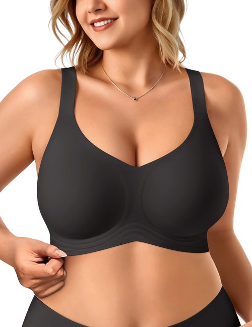 Vertvie Bras for Women No Underwire Wireless Support Bra Underarm-Smoothing Seamless Push Up Full Coverage T-Shirt Sports Bra(Black,Large Plus)
