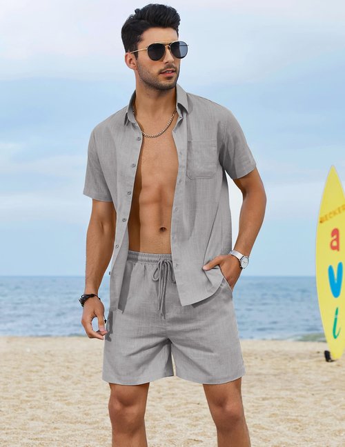 COOFANDY Men Linen Outfit Short Sleeve Beach Suit Slim Fit Lightweight Tracksuit