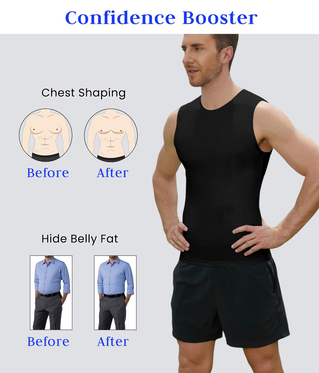 XINGCOOL Compression Shirt Men Slimming Body Shaper Vest Crewneck Workout Shirts Tummy Control Undershirts Solid Black