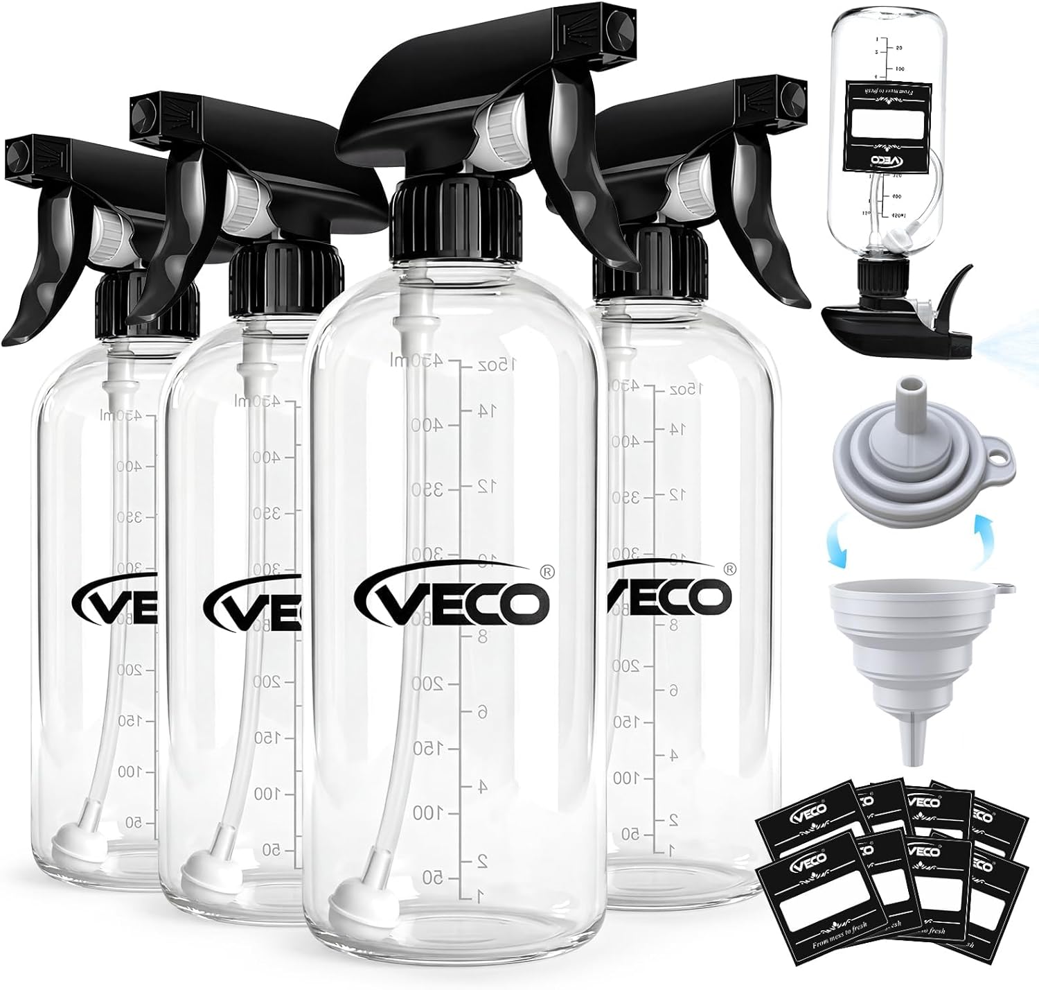 Veco 500mL Graduated Spray Bottles - 360° Any-Angle Spraying, Leak-Resistant | 4-Pack with Foldable Funnel