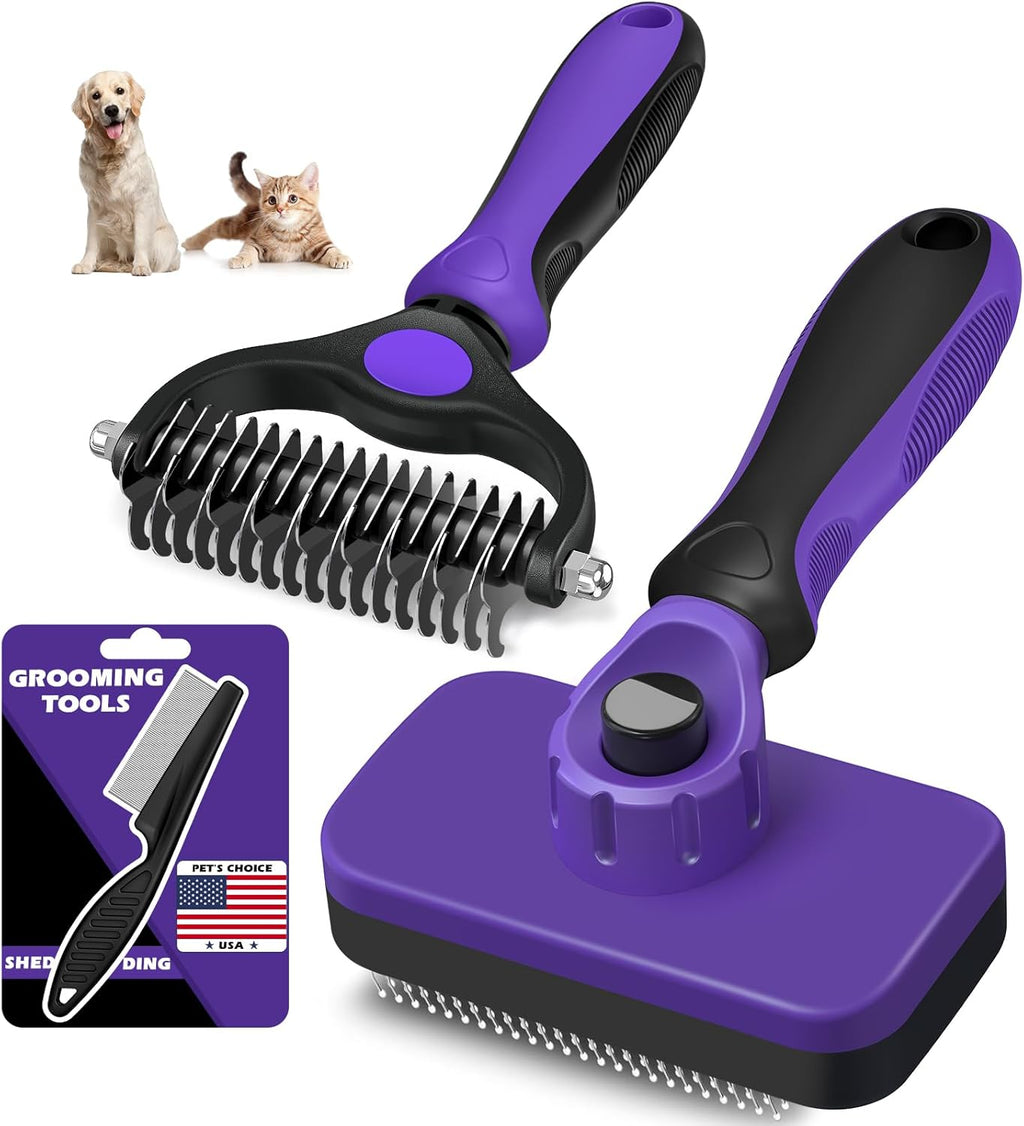 Skiennix Self-Cleaning Slicker Brush Set - 3PCS Pet Grooming Tools for Dogs, Cats & Horses | Skin-Friendly Dematting Comb (Purple)