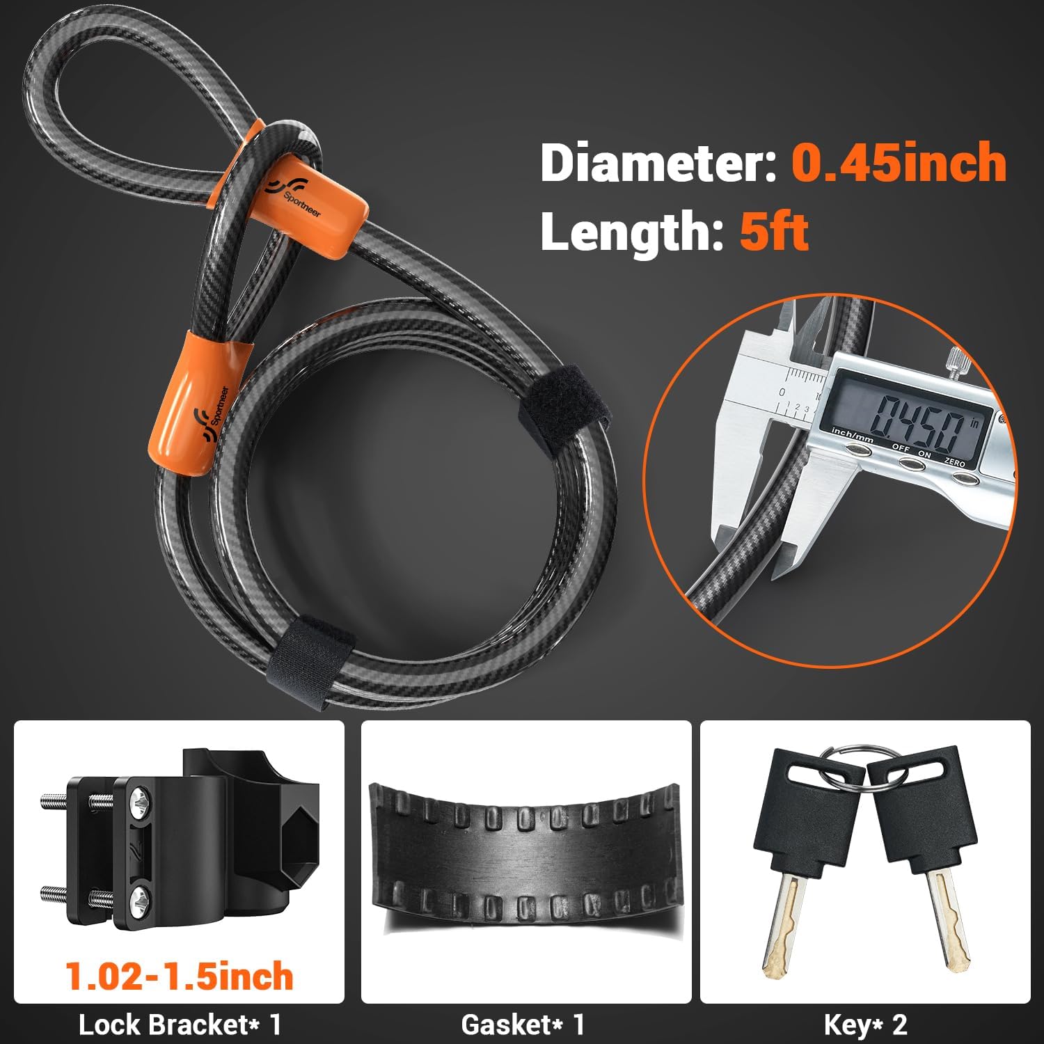 Sportneer Bike U Lock - Heavy-Duty Anti-Theft Lock with 5ft Steel Cable & 17mm Shackle | Orange