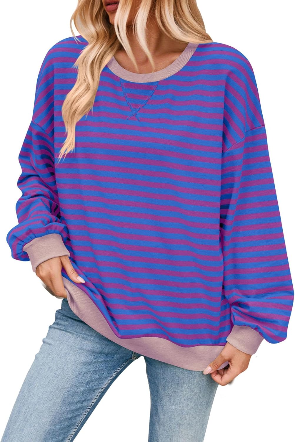 Skiennix Women's Crewneck Sweatshirt - Casual Striped Pullover Top | Plus Size Color Block Design