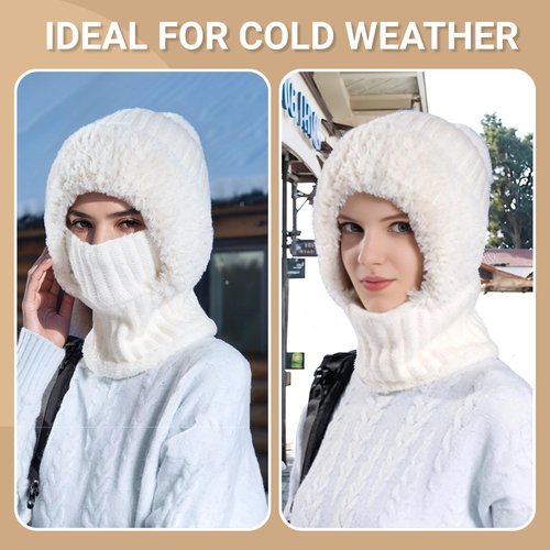 Women’s Knitted Beanie Hat with Face Cover - 3 in 1 Winter Balaclava with Mask Scarf Ear Muffs Pompom Fleece Lined Snow Caps