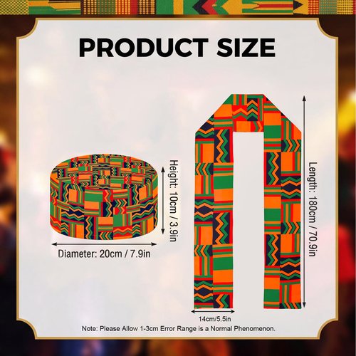 2Pcs African Kente Pattern Kufi Hat Men African Print Scarf Black African History Stole Sash Graduation Women Accessory