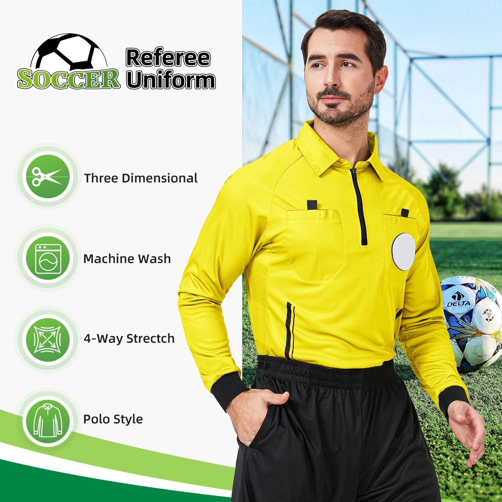 CUTIEHON Soccer Referee Jersey, Long Sleeve Official Pro Soccer Referee Shirt, Featuring a Badge Holder & Pockets
