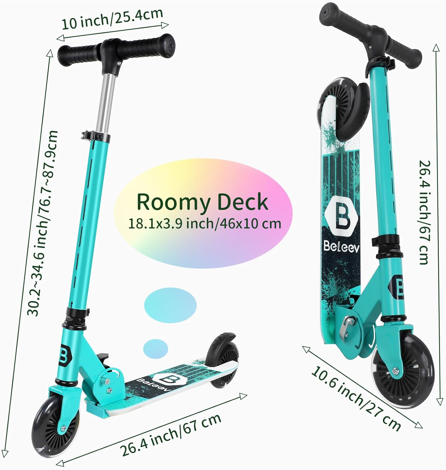 BELEEV V2 Kids Scooter - Light-Up Wheels, Adjustable Height, Non-Slip Deck | Lightweight Folding Design for Ages 3-12