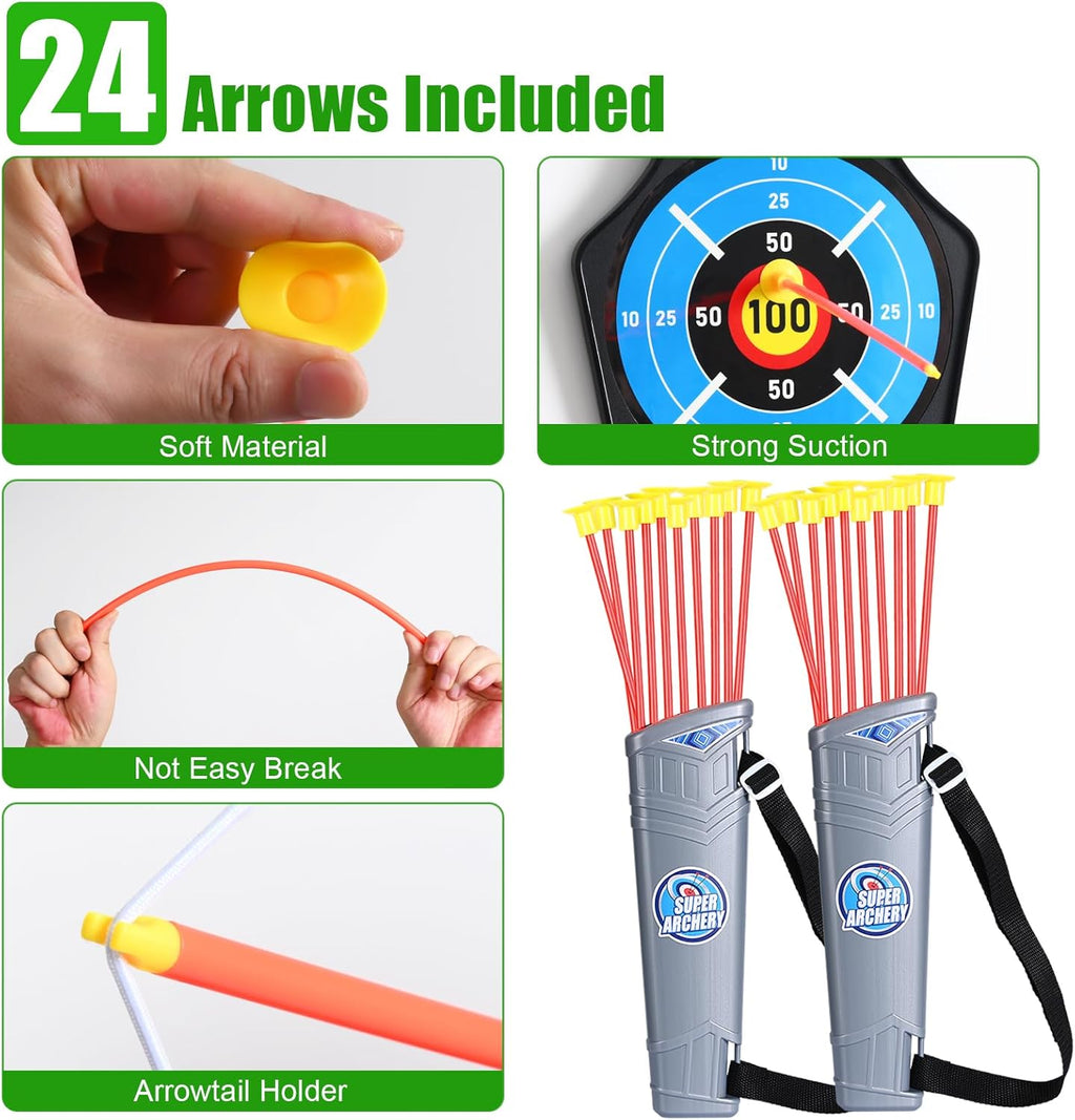 Skiennix Bow and Arrow Toy Set - 2 Pack with 24 Suction Cup Arrows & Target | Indoor/Outdoor Sports Gift for Ages 4-12