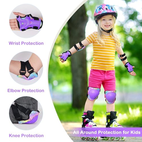 FIODAY Kids Knee Pads Set - Adjustable Protective Gear with Elbow Pads & Wrist Guard | Rainbow Unicorn, Ages 3-8