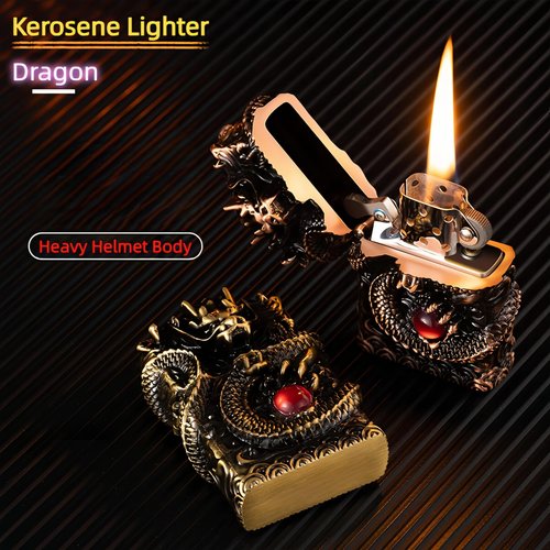 NINSI Refillable Kerosene Lighter - Vintage Dragon Design, Windproof Soft Flame Trench Lighter for Men & Women, Collectible Antique Gifts (Gold)