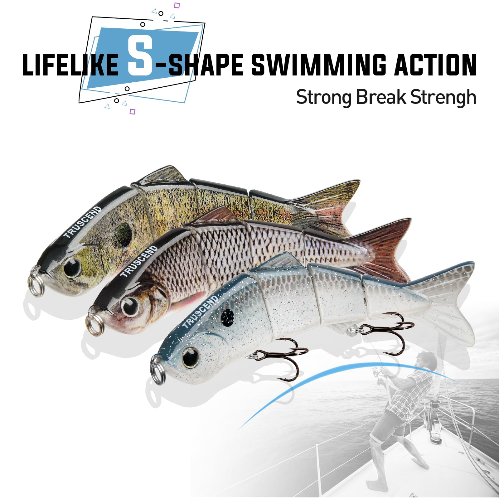 TRUSCEND Easy Catch Swimmax, Magic Noisy Turbulent Wiggling and Vibrating Actions for More Bites, Segmented Swimbait Jointed by Metal Hinge, Lifelike Fishing Lures for Relax Family Fishing