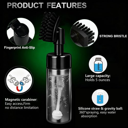 GREEN ACTION Golf Club Brush Cleaner with Water Sprayer & Magnetic Clip, Curved Stiff Bristles for Deep Cleaning, Silicone Hose & Gravity Ball for Easy Use-Holds 5 Oz Water-Golf Accessories (Black)