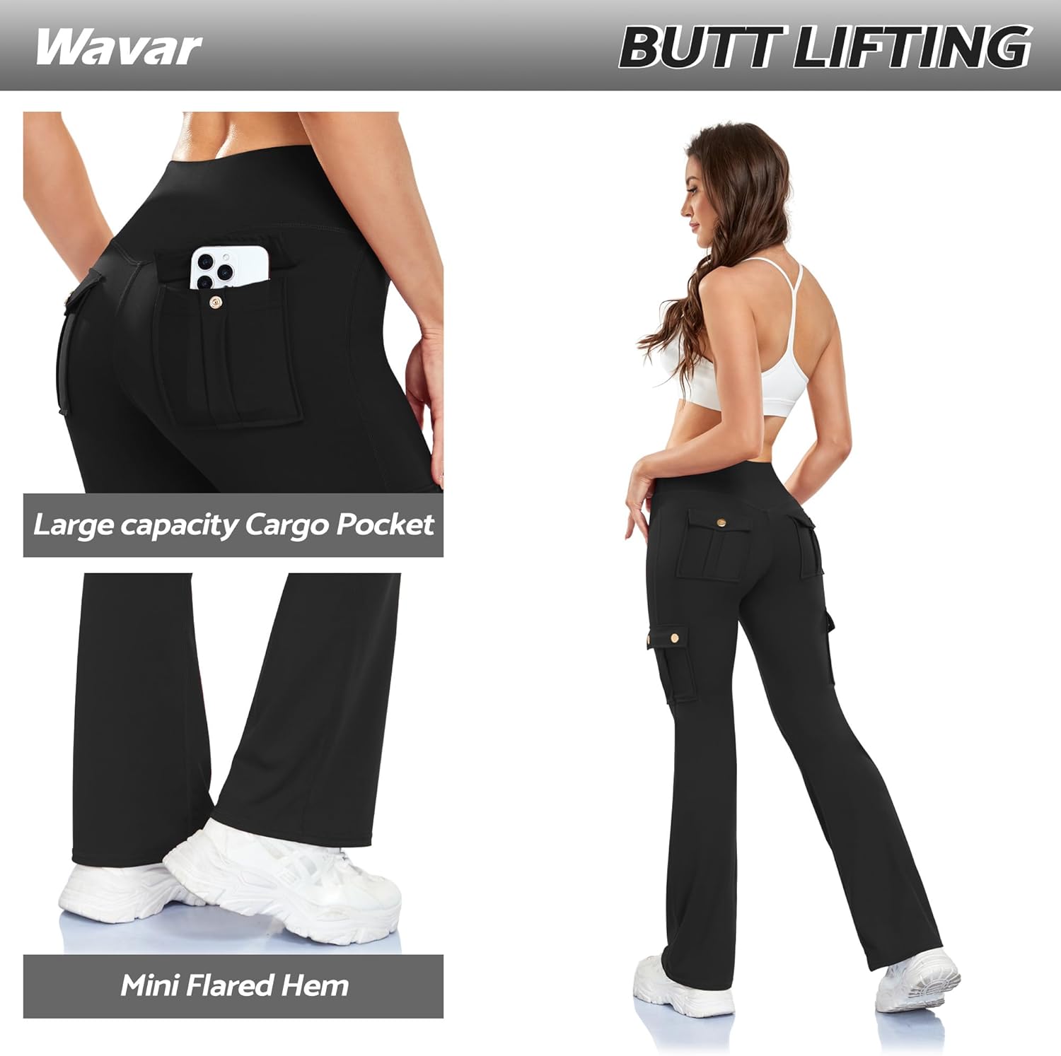 Wavar Women's Flare Leggings - High Waisted Butt Lifting Cargo Pants with Pockets | Tummy Control