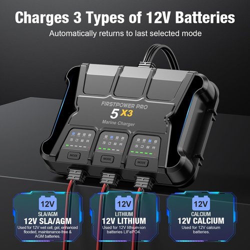 3 Bank Marine Battery Charger - 15A Waterproof Onboard Charger for SLA/AGM & Lithium Batteries