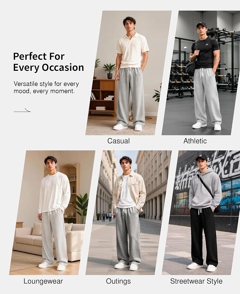 Time Leap Men's Baggy Sweatpants with Pockets, Open Bottom Wide Leg - Black, Large