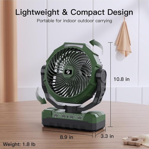 FRIZCOL 3-in-1 Camping Fan - Rechargeable Portable Fan with 24000mAh Battery, Light & Remote - Green for Outdoor Adventures