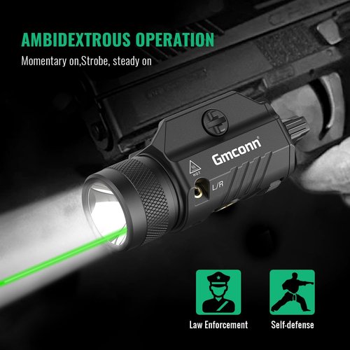 Gmconn Tactical Flashlight with Green Laser Light Combo - 1250 Lumen Rechargeable Pistol Light