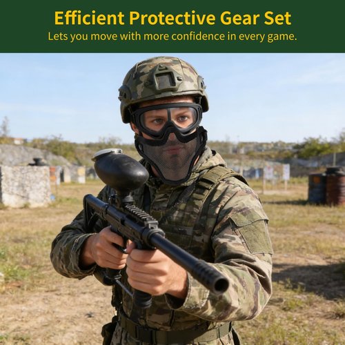 Strategical Protective Gear Set, Carbon Steel Half-face Mesh Cover with Sports Goggle for Men Women, Adjustable Strategical Gear for Shooting, Paintball, CS Games, Costume Parties
