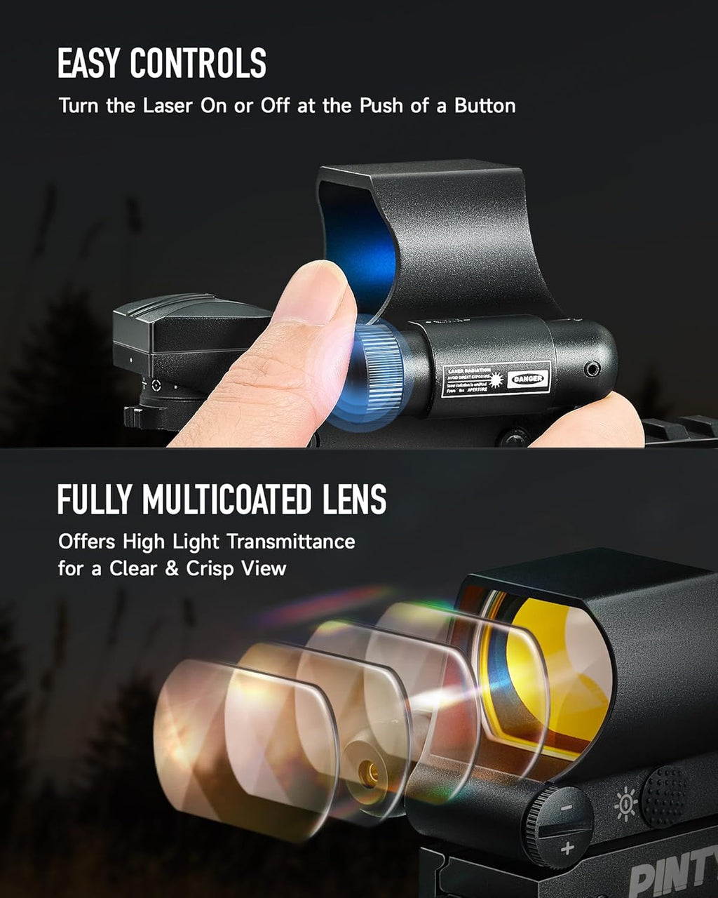 PINTY Red Dot Sight - Compact Tactical Reflex Optics with Multiple Reticles for Picatinny Rail