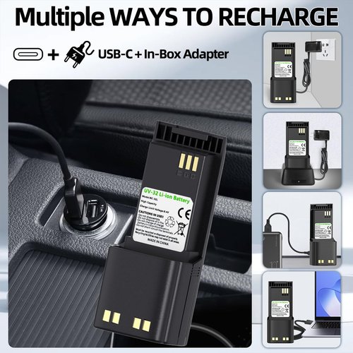 BAOFENG DM32 Battery 3800mAh USB-C Charging Extended High Capacity Rechargeable Li-ion Battery with USB-C Charging Cable Compatible DM-32 UV32 Walkie Talkie Battery Accessories(2Pack)