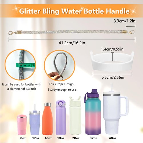 DLDXGXNR Glitter Handle for Stanley Cup Accessories - Diamond Stanley Tumbler Carrier with Strap Bling Water Bottle Handle Strap(White)