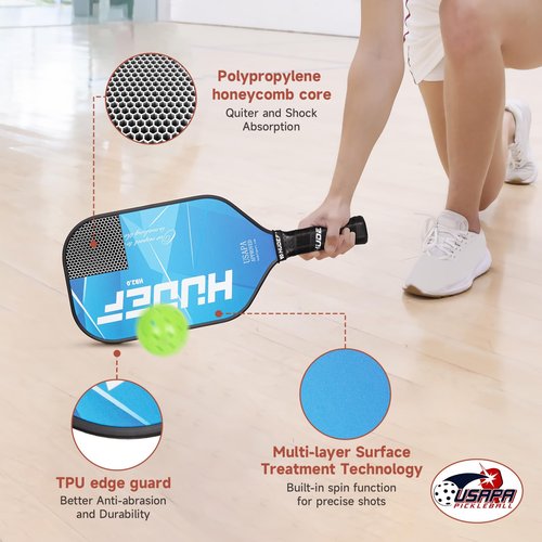 HUDEF Pickleball Paddle USAPA Approved, Lightweight Carbon Fiber Face and Polypropylene Honeycomb Core Pickleball Racket with Cover, Elongated Handle and Cushion Comfort Grip Pickle Ball Paddle Blue