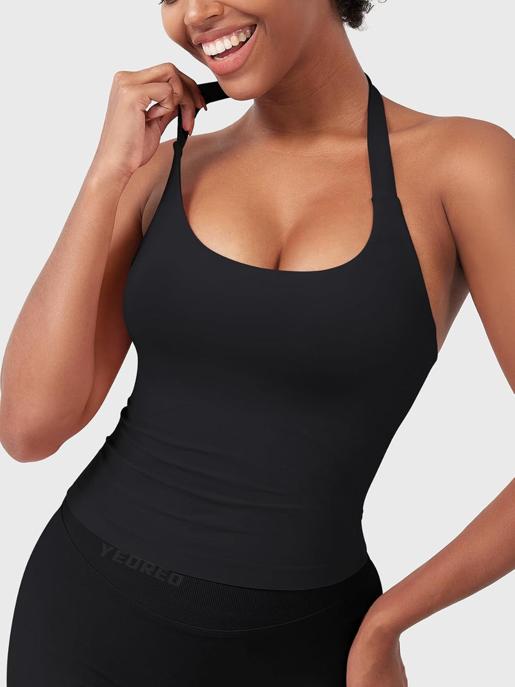 YEOREO SoftHue Women's Halter Tank Top - Backless Scoop Neck with Built-in Bra | Gym Crop Top