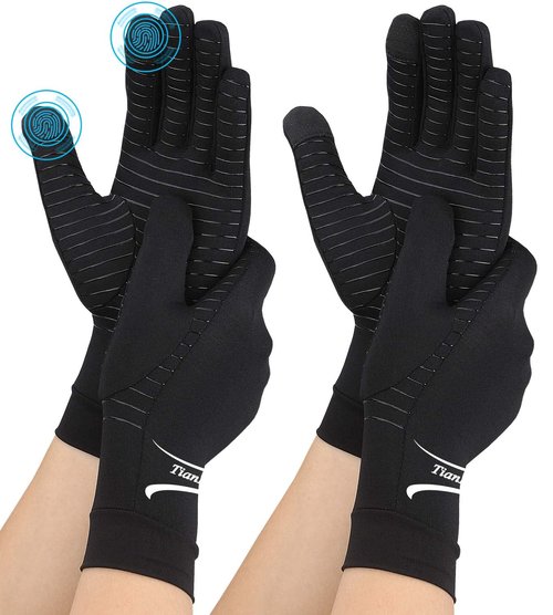 Tianhengyi 2 Pairs Copper Arthritis Gloves for Hand Pain, Full Finger Compression Gloves for Men Women, Relieve Swelling, Carpal Tunnel, Support Wrist, Joint for Crocheting (Touch Screen, Medium)