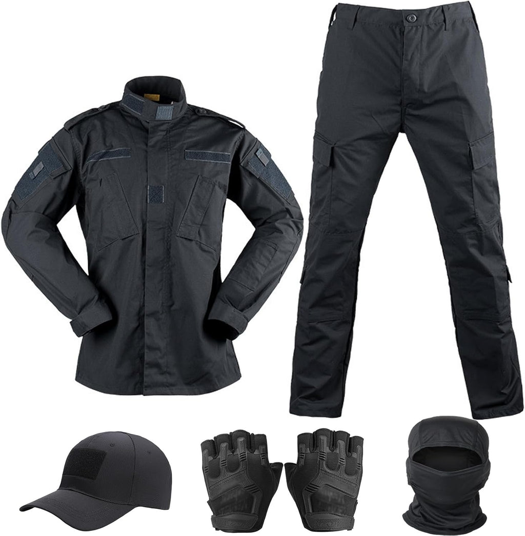 Skiennix Tactical Suit - Combat Pants & Shirt Set with Cap, Gloves, Balaclava | Black Camo Military Gear