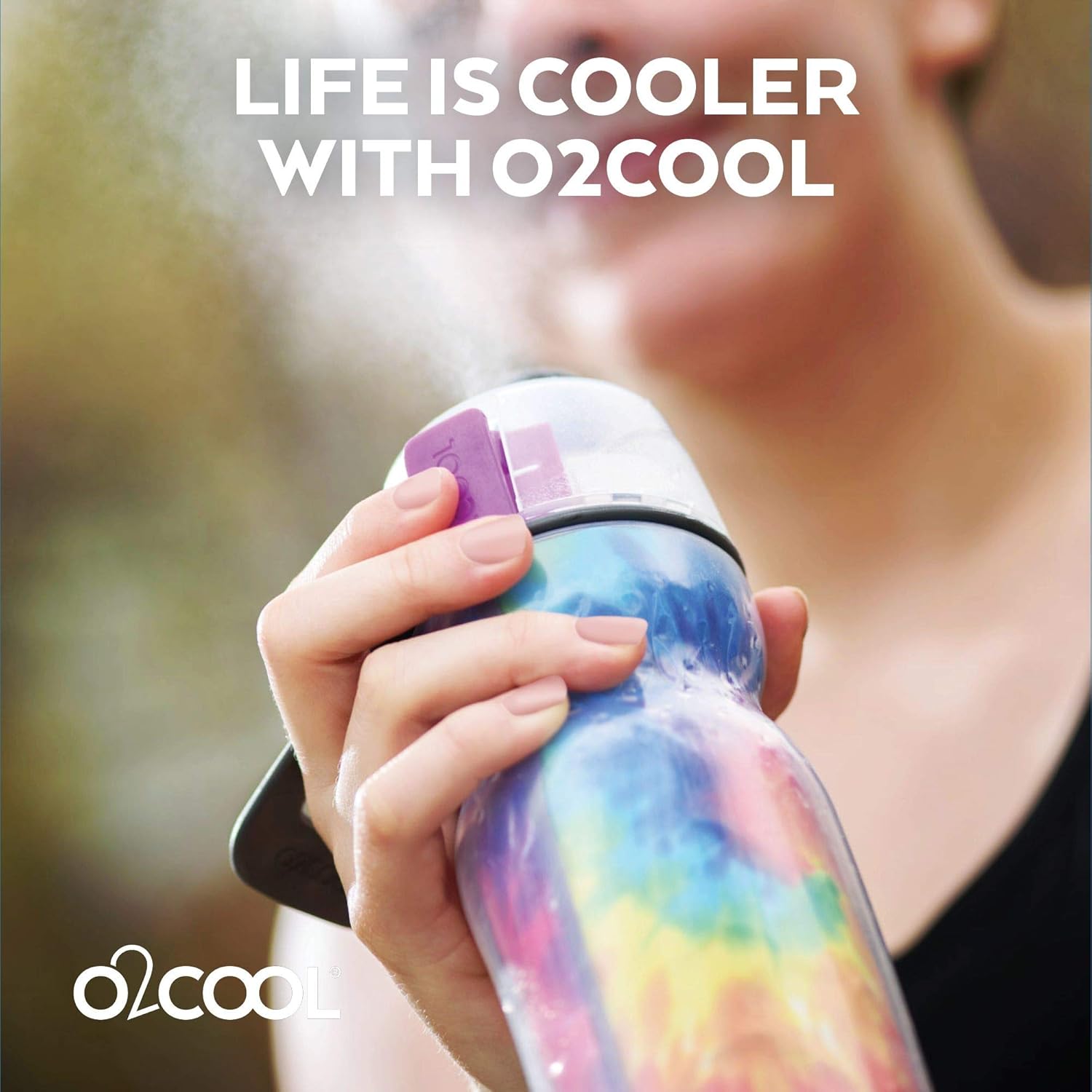 O2COOL Misting Water Bottle - 2-in-1 Mist & Sip Function, No Leak Pull Top Spout - 20 oz Tie Dye/Celestial Purple