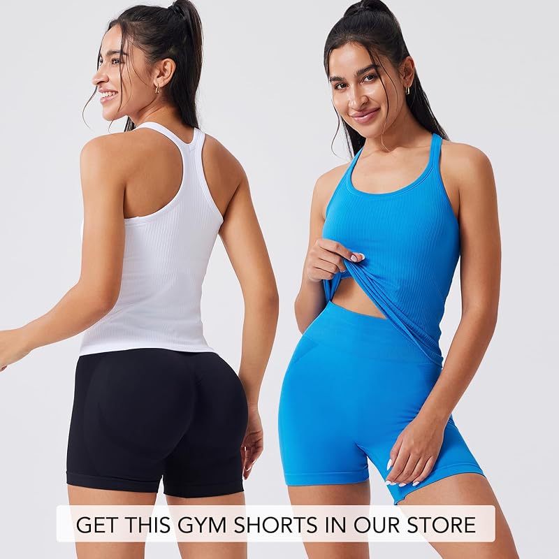Women's Workout Tank Tops with Built-in Bra, Racerback, 3 Pack - Black French Blue White