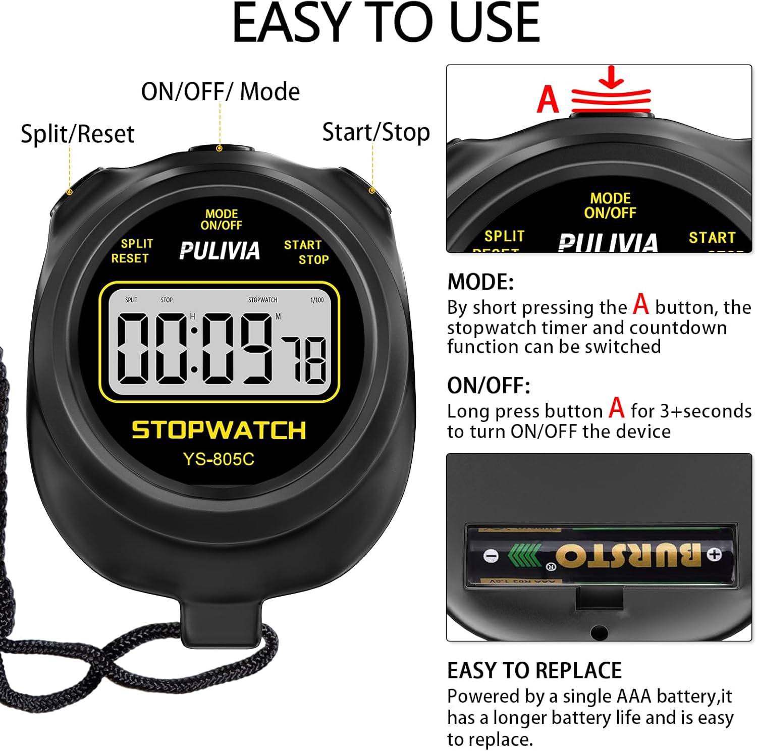 Skiennix Stopwatch Timer - Digital Countdown Timer with Alarm Button & Sound - Black