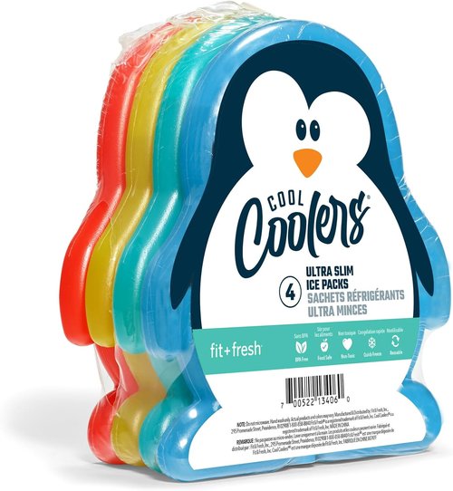 Fit & Fresh Cool Coolers Kids Lunch Box Ice Packs - Slim Reusable Multicolored Set of 4 (Penguin)