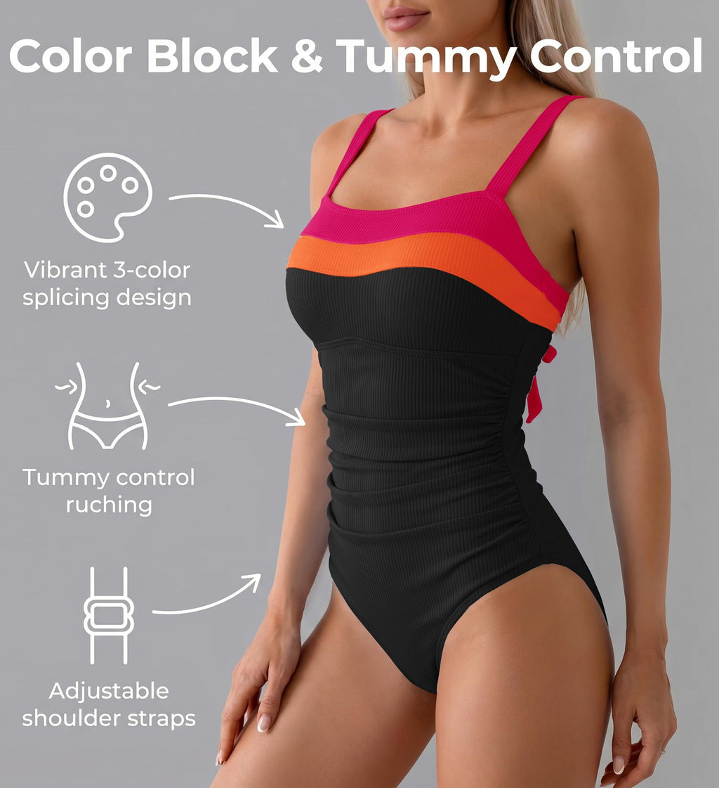 Aidonger Womens Ribbed One Piece Swimsuits Tummy Control Bathing Suit Slimming Color Block 1 Piece Swimwear