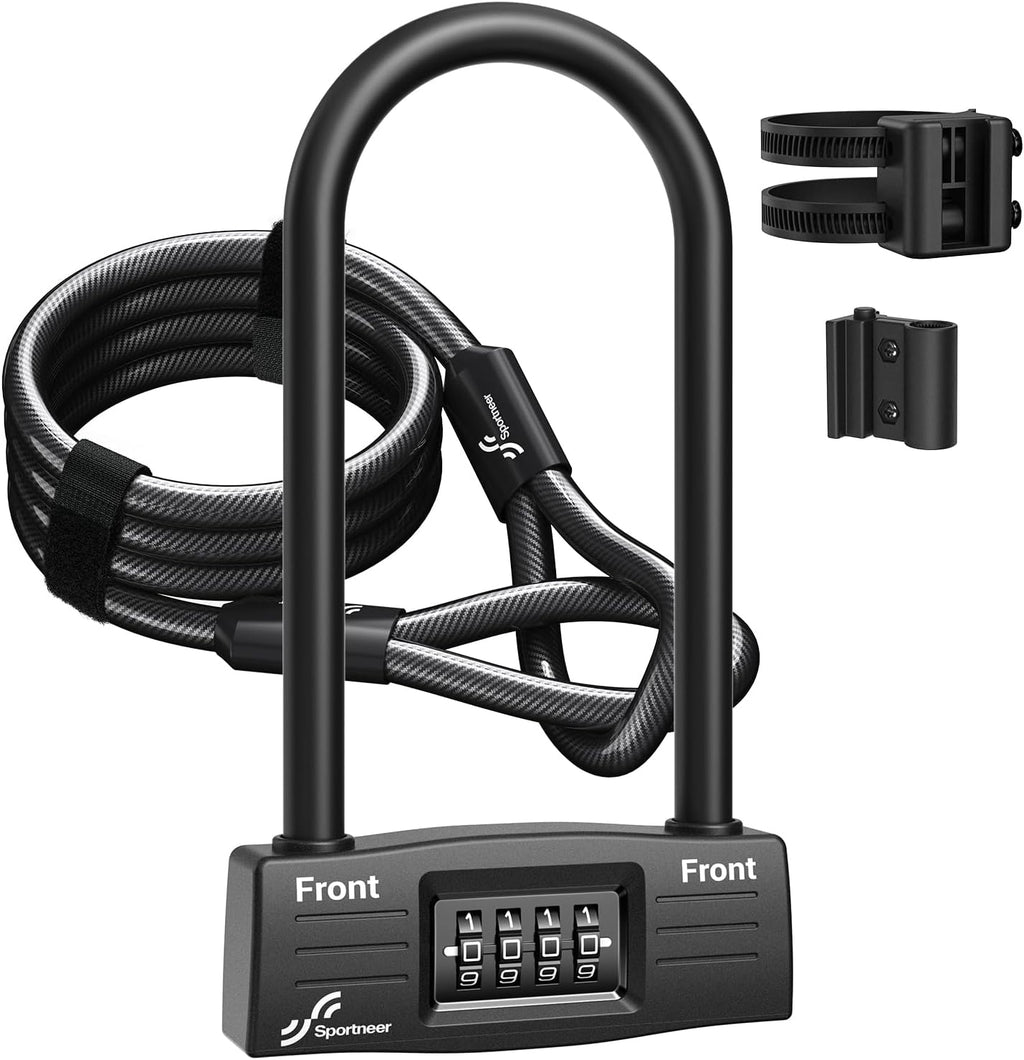 Sportneer Bike Lock - 14mm Keyless Combination U-Lock with 5ft Security Cable | Heavy-Duty Anti-Theft Design, 9.05''x4.9''