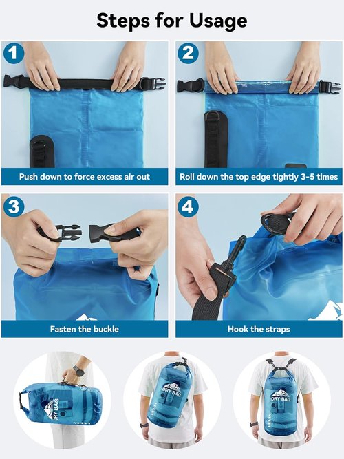 HEETA Waterproof Dry Bag - 5L Transparent Blue with 2-Pack Waterproof Pouches & Adjustable Waist Strap (Black & Pink)